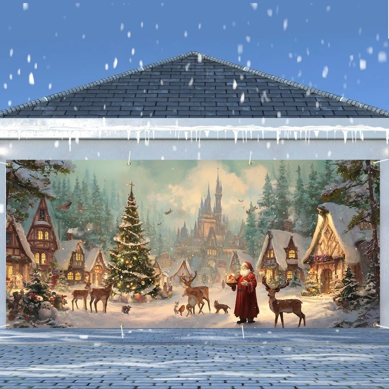 ANNA QUEEN Christmas Village Scene Garage Door Decorations 6x13FT, Santa with Reindeer Winter Town Backdrop, Outdoor Holiday Banner, Garage door Mural for Xmas Party Home Decor - Image 2